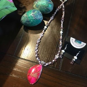 Rhodochrosite and Austrian Crystal Necklace Set